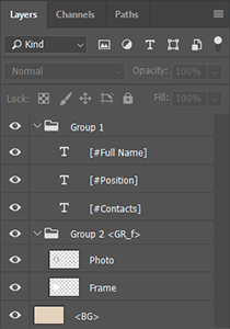 Layer groups in a PSD template.