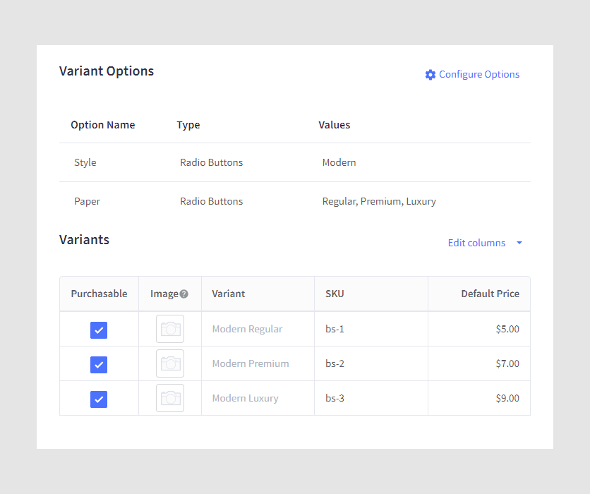 Variant options in the BigCommerce product.