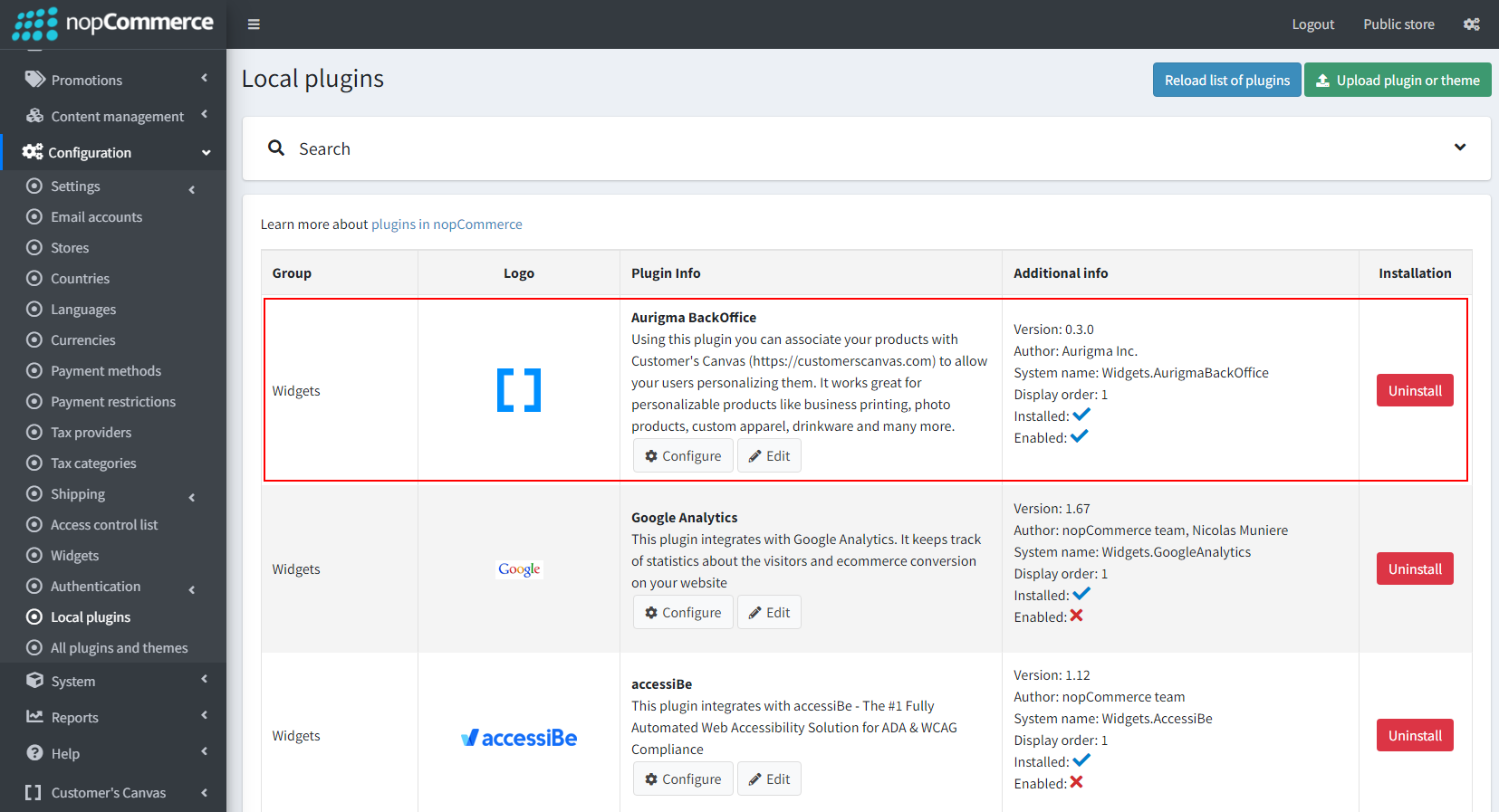 Customer's Canvas personalization widget in Plugins (nopCommerce).