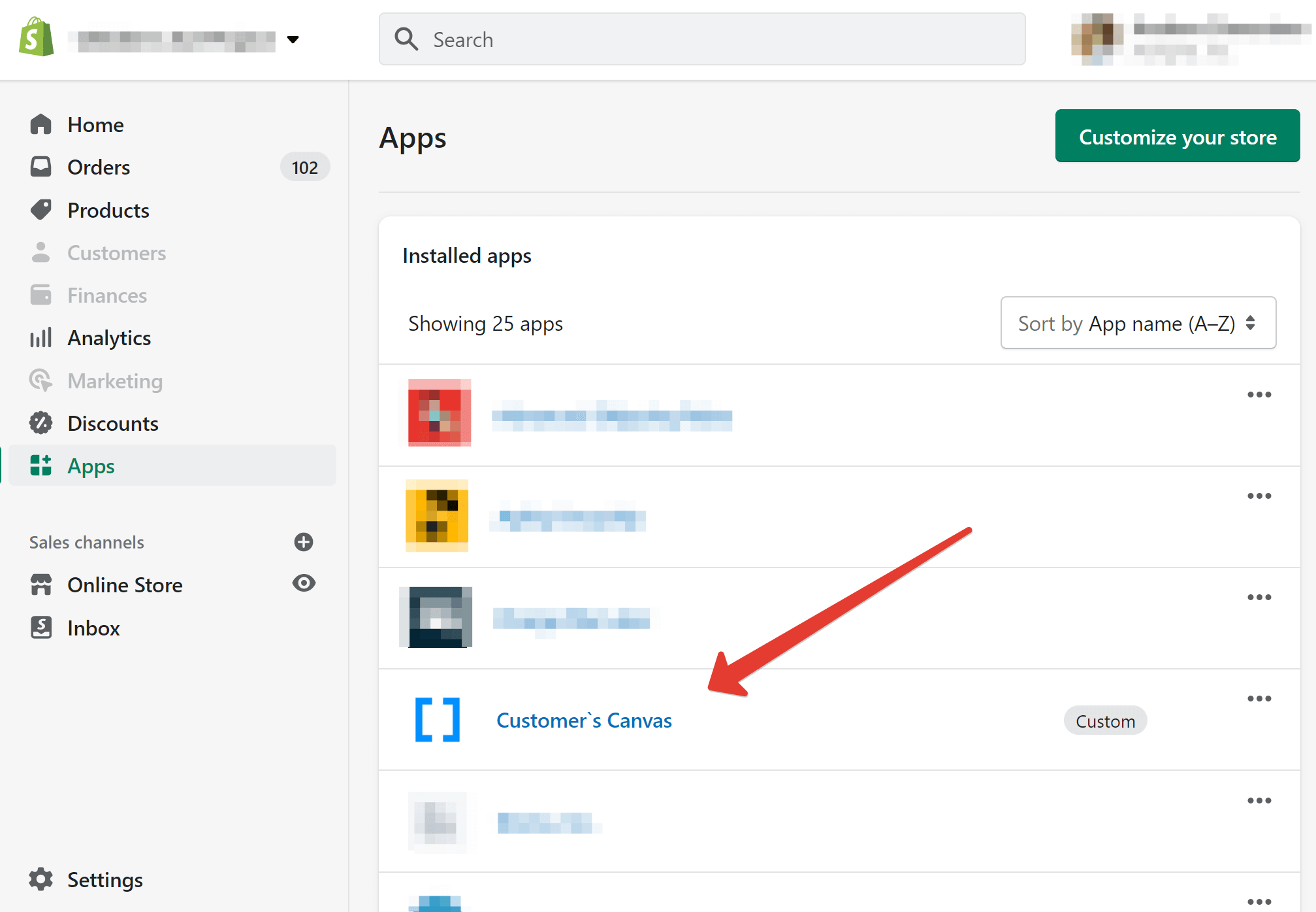 Customer's Canvas app in the Apps list