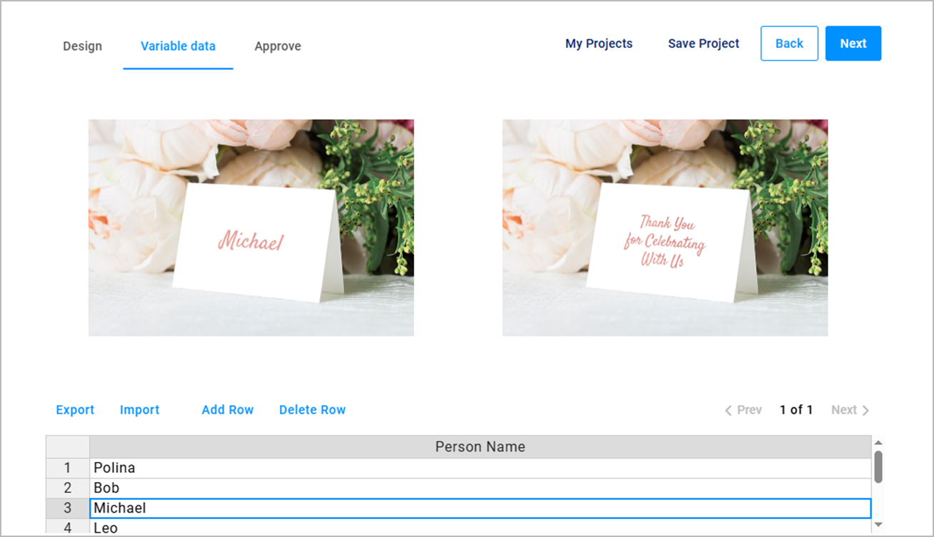 Guest name data mapped in real time to place cards
