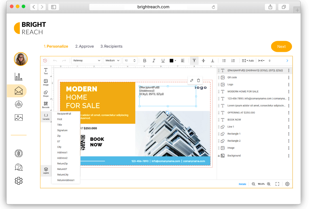 Embedded design editor with support for variable fields