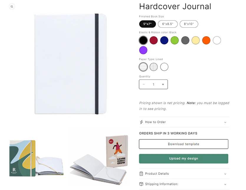 Chameleon Express journal product page with product choices, Download template and Upload my design controls.