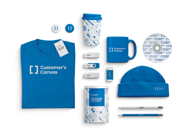 Blue branded apparel, drinkware, accessories and pens arranged as a promotional merchandise collection.