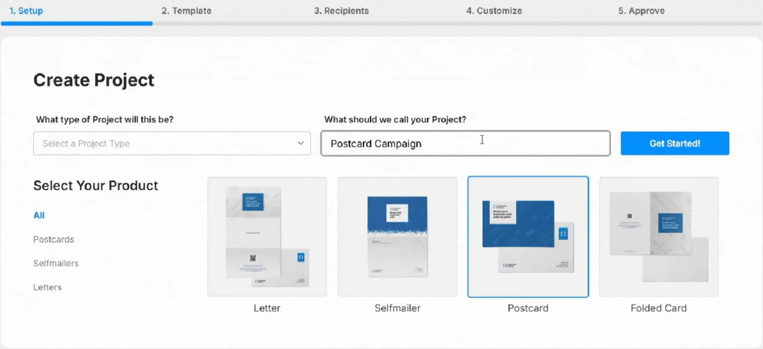 Direct Mail sample application showing postcard product selection.