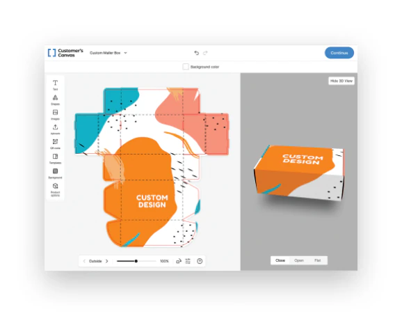 Customer's Canvas editor showing an orange-and-teal carton dieline beside its matching folded 3D preview.