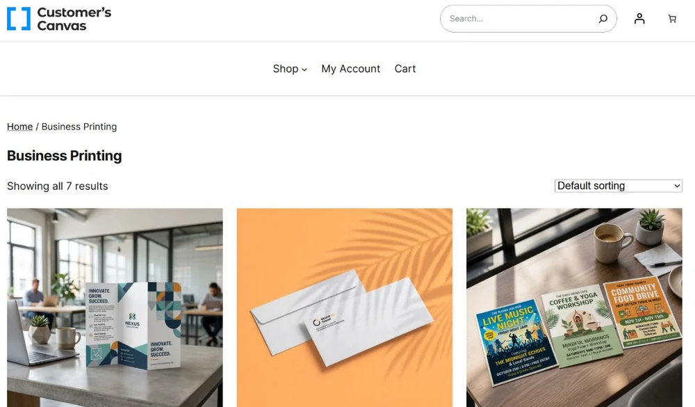 Real public Customer’s Canvas Portal catalog showing brochures, envelopes and flyers in Business Printing.