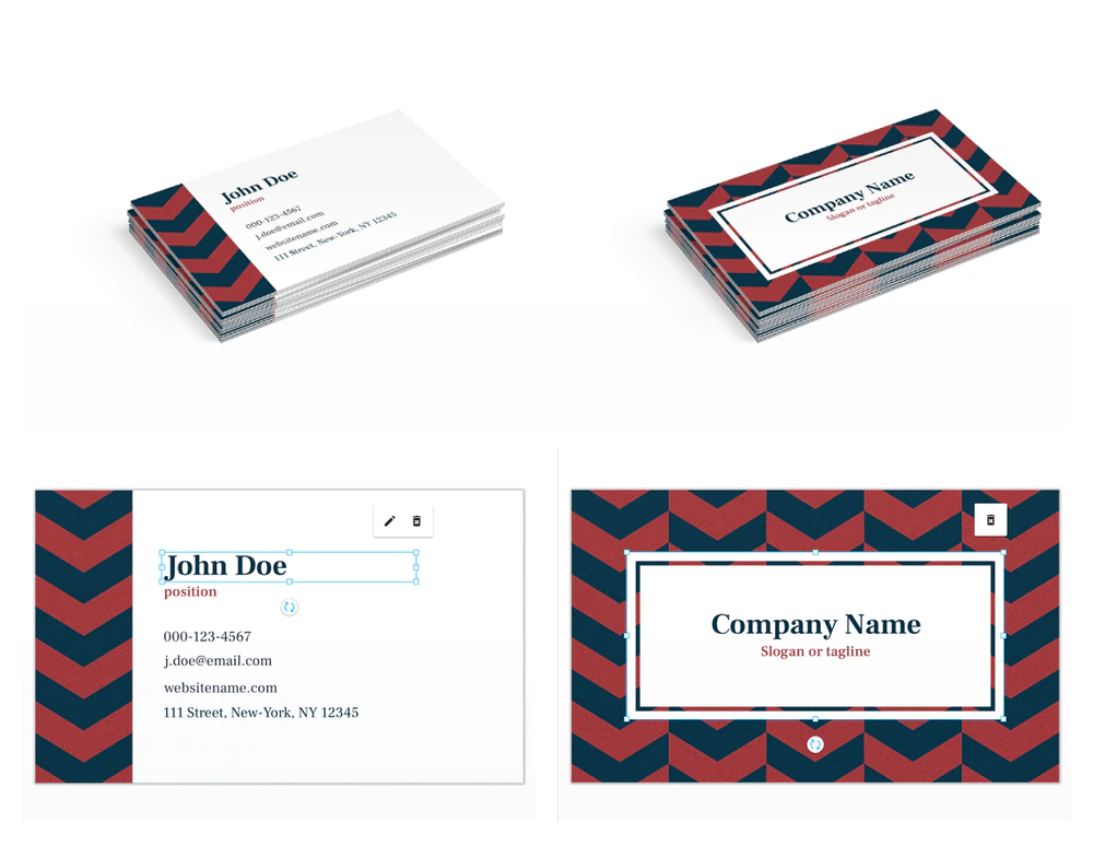 Authentic business-card preview above the corresponding front-and-back artwork shown in the editor.
