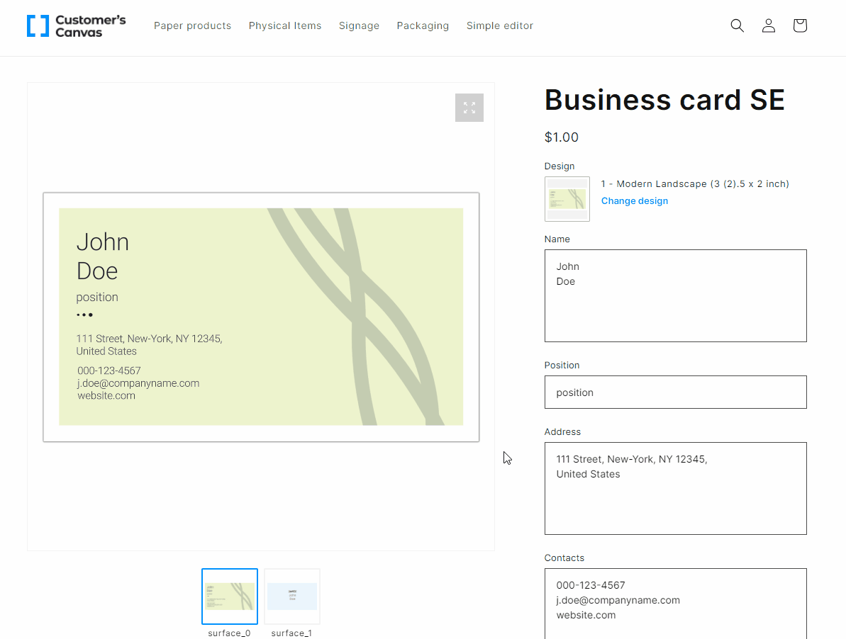 Selecting the business card options