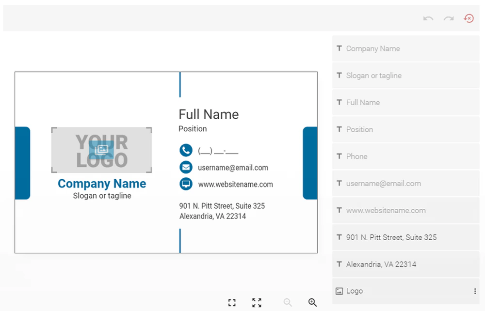 Business-card personalization screen with a prepared design and editable company, name, position and contact fields.