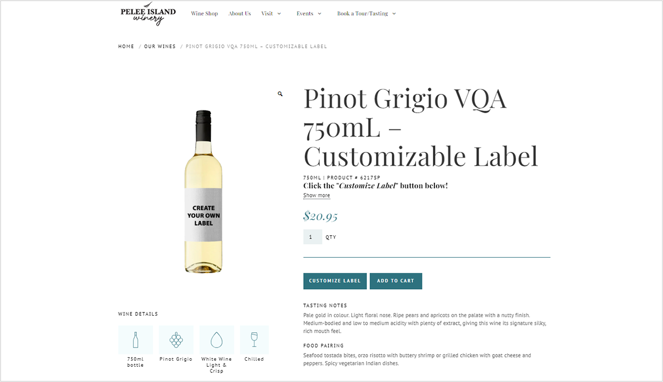 The wine product page in the Pelee Island online catalog