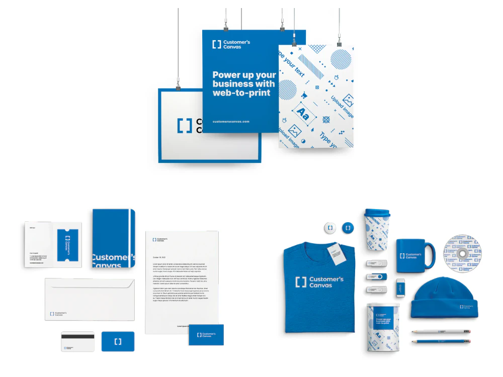 Customer's Canvas branded display panels, business stationery and promotional merchandise arranged in three coordinated product groups.