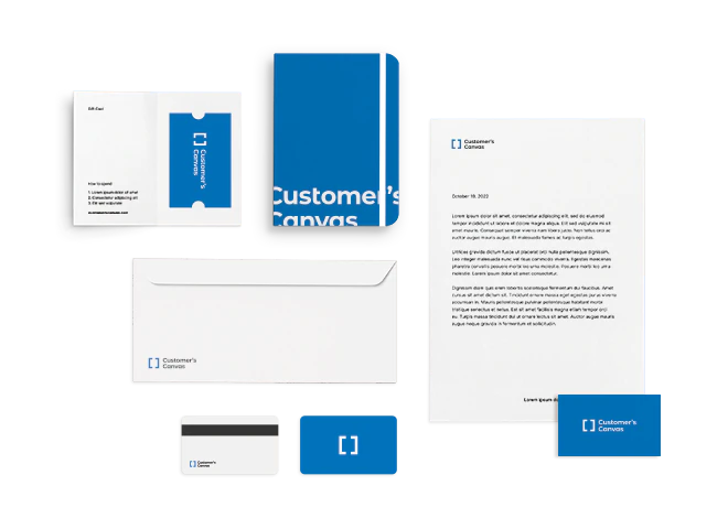 Coordinated Customer's Canvas business cards, envelope, letterhead, notebook and branded stationery.