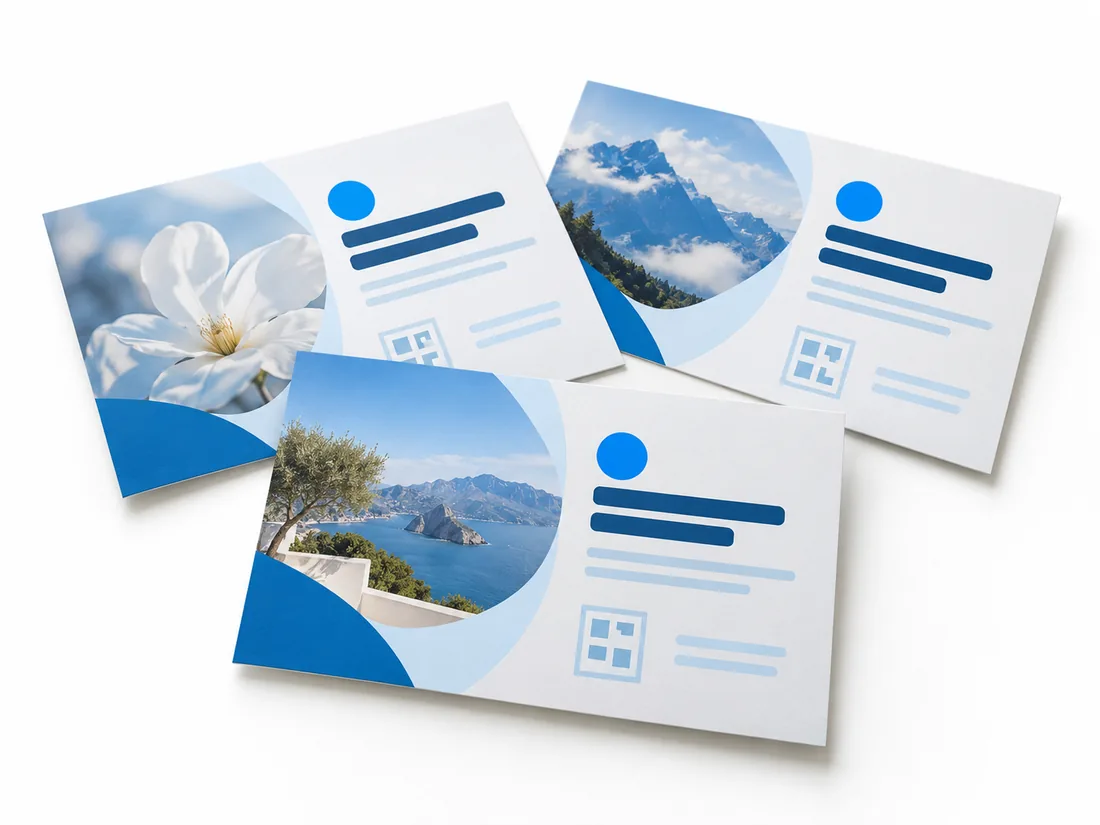 Three direct mail postcards with consistent design and different personalized content.
