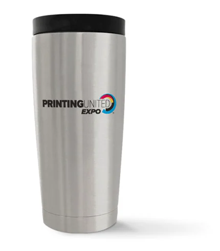 A stainless-steel tumbler with a printed logo shown in an existing product preview.