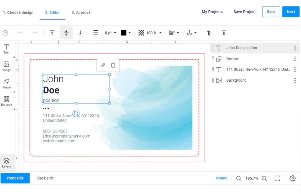 Customer's Canvas editor showing a blue business card with editable contact details and design tools.