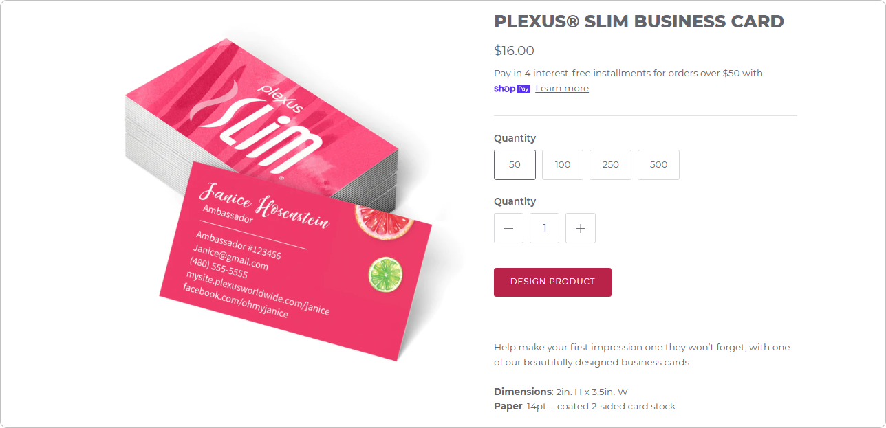 The business card product page in the MyPlexusPrint online catalog