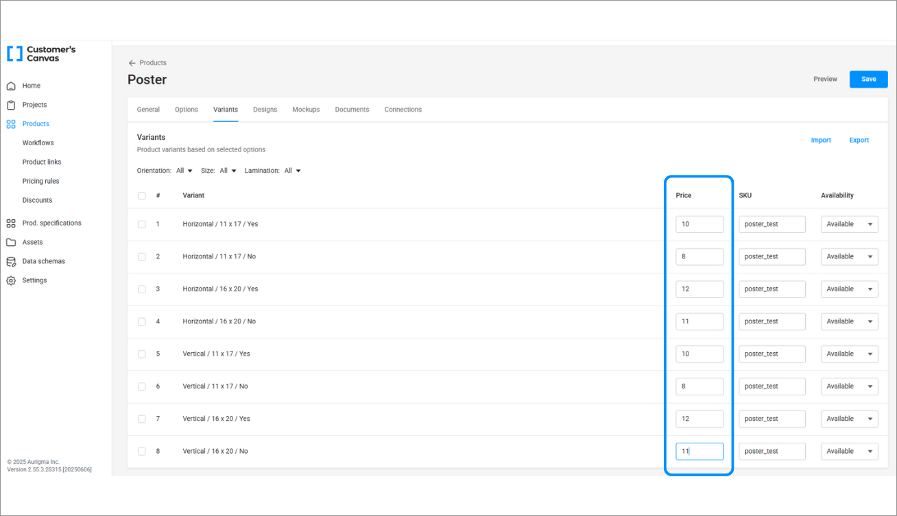 Entering prices for product variants in the Customer’s Canvas admin panel