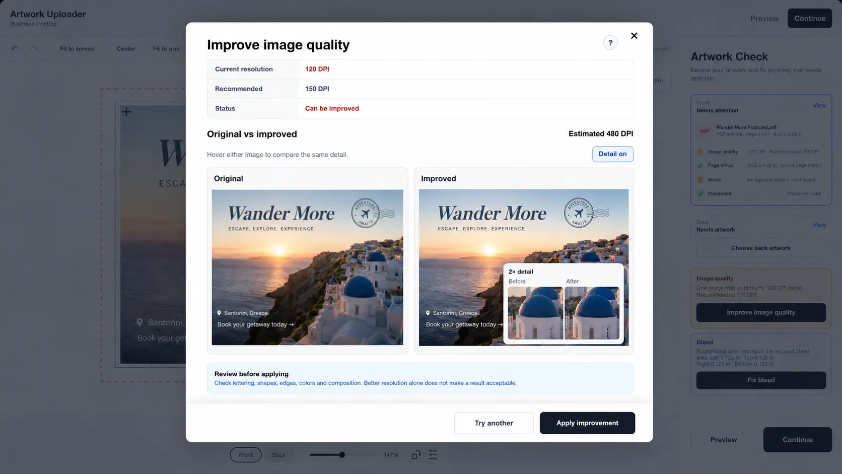 AI-assisted image quality improvement preview in Customer’s Canvas Artwork Uploader