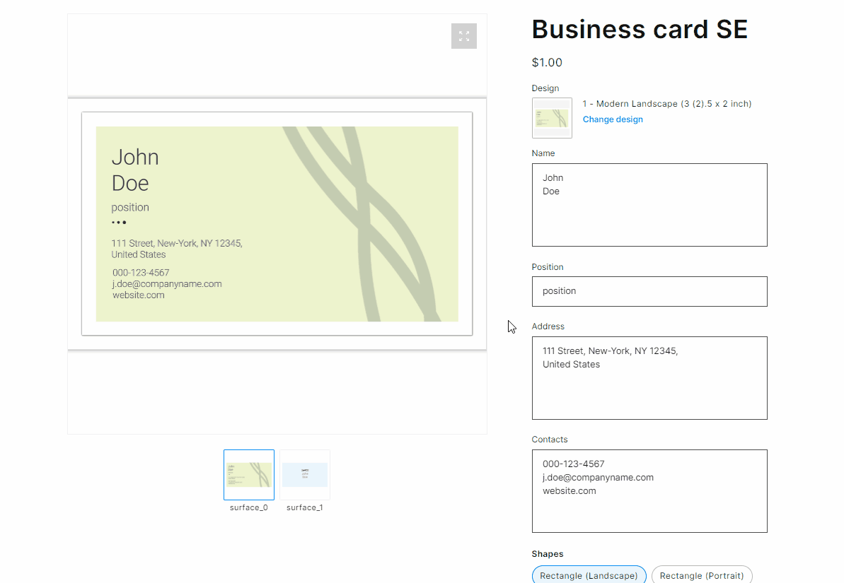 The business card preview