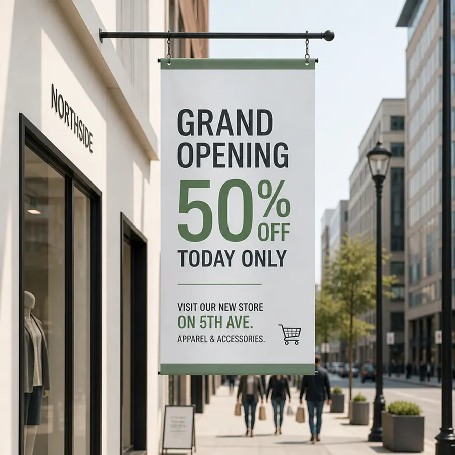 A Grand Opening hanging banner displayed outside a storefront, from the public Hanging Banner product example.