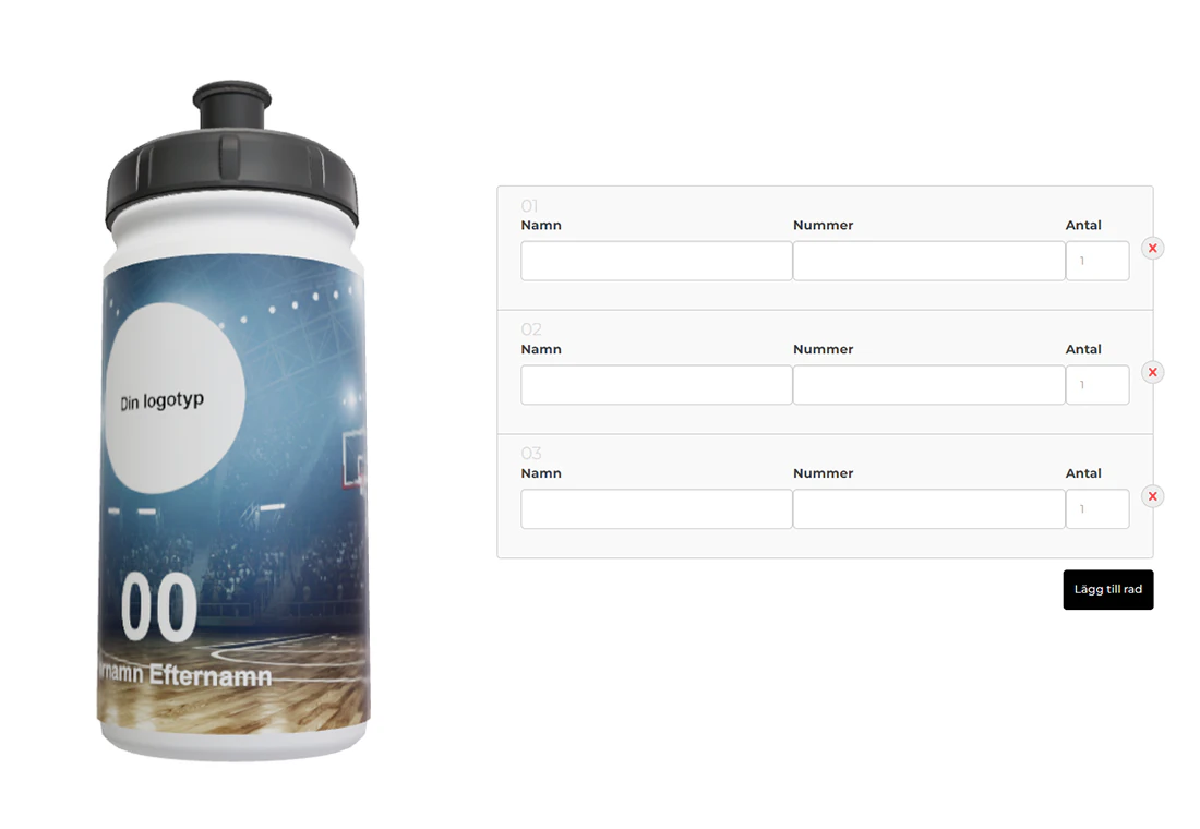 DesignDirekt sports-bottle preview beside its actual form for entering individual names, numbers and quantities.