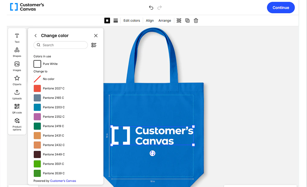 Customer's Canvas editor showing a blue tote bag with selected logo artwork and a configured color palette.