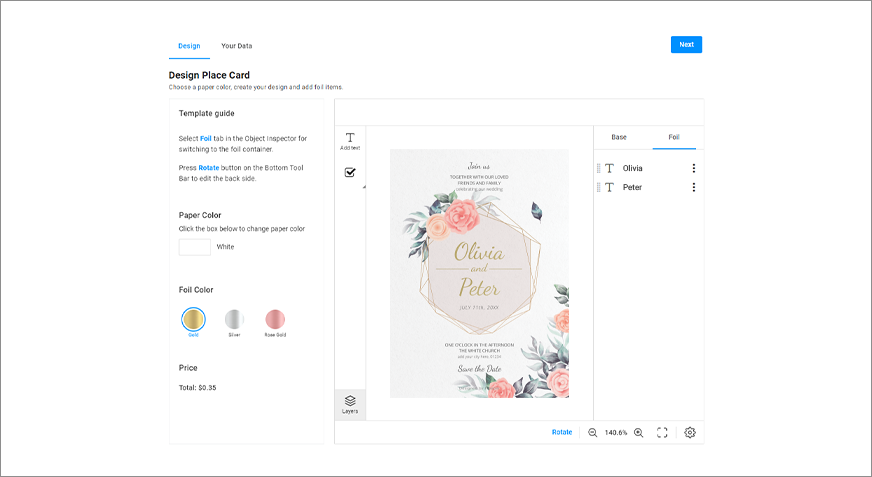 Design editor with print options for invitations