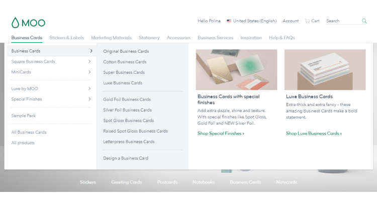 Moo business card interface screenshot