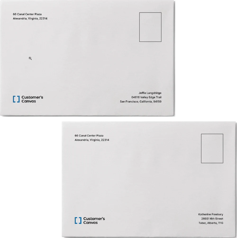 Two envelope previews from one Direct Mail template with different recipient details.