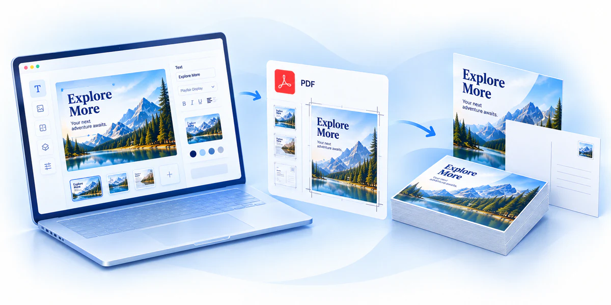 A postcard design moving from an online editor through PDF generation to finished printed postcards.